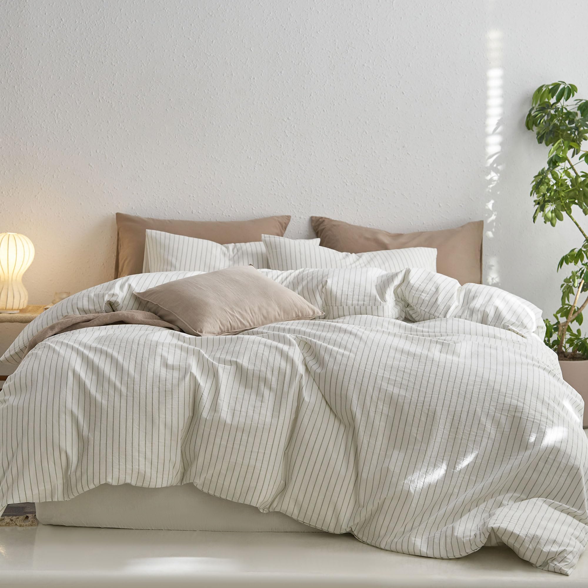 Moomee Striped Duvet Cover Set 100% Washed Cotton Linen Like Textured Breathable Durable Soft Comfy (White Sage Green Wide Strip